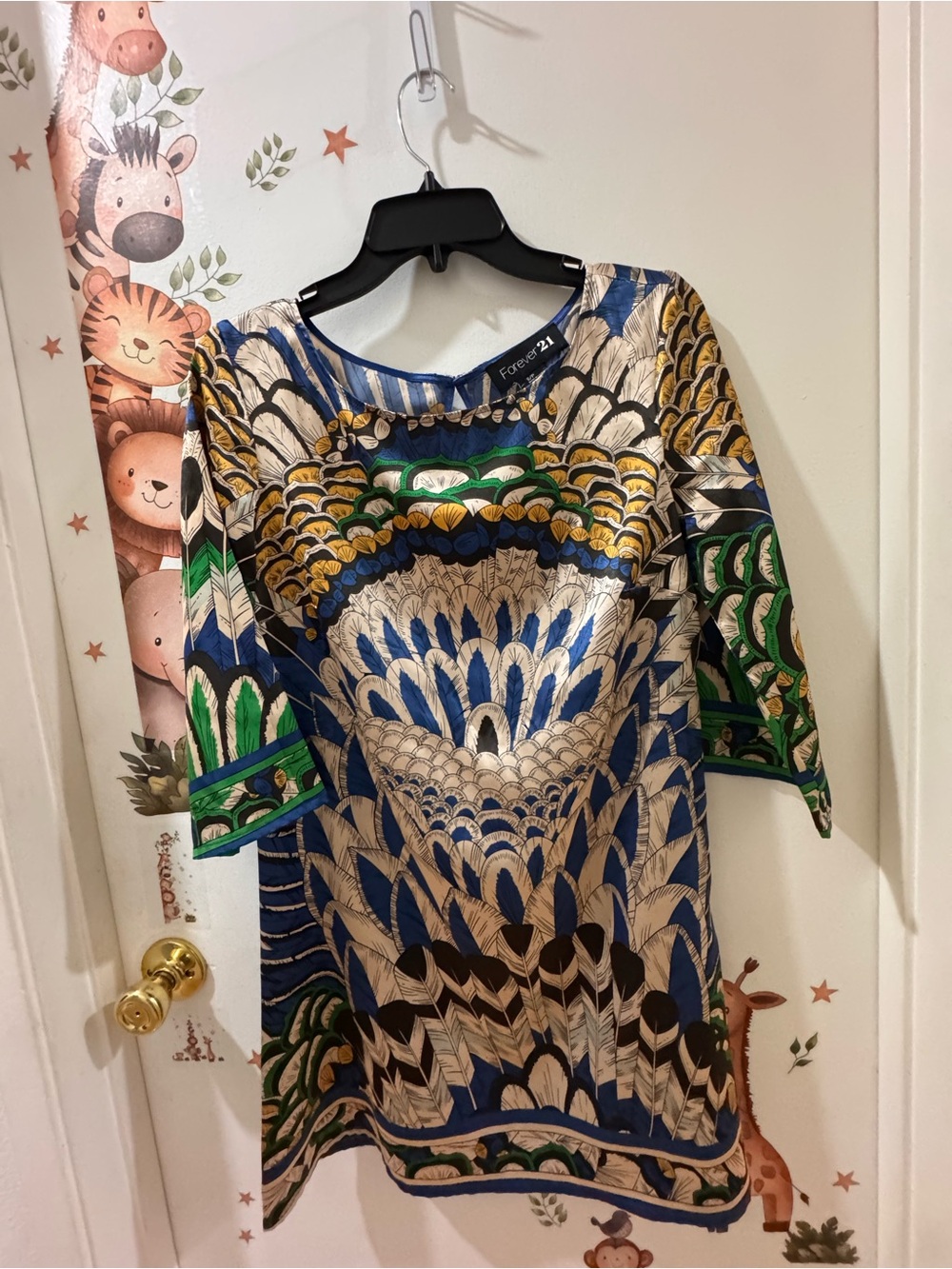 Forever 21 Blue, Green & Gold Long Sleeve Printed Dress